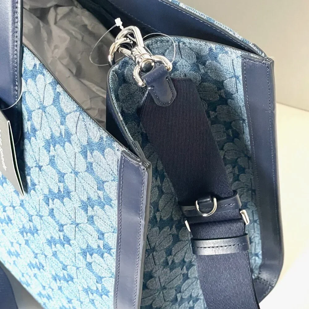 Kate Spade Jacquard Denim Large Manhattan Tote Bag Blue Flower Shoulder Strap - Picture 11 of 13